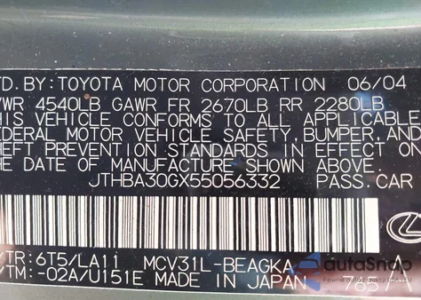 2005 Lexus Es 330 from USA, damaged, VIN JTHBA30GX55056332